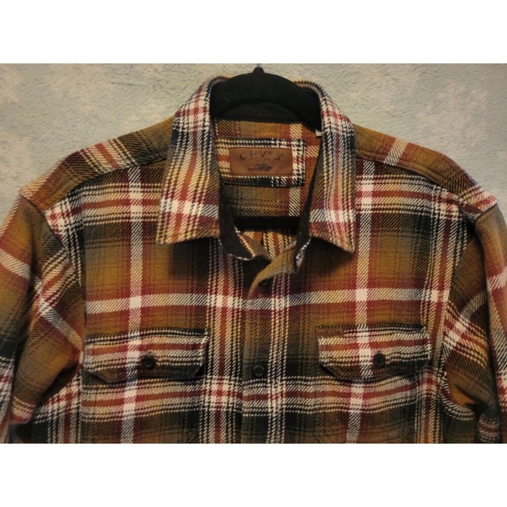 Orvis Flannel Plaid Leather Shirt Jacket Men’s L Brown Shacket Barn Rustic Camp
